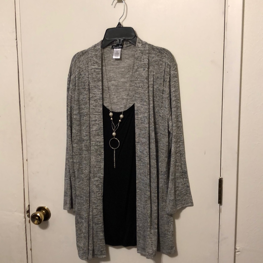 Black & grey one piece blouse with necklace, NWOT